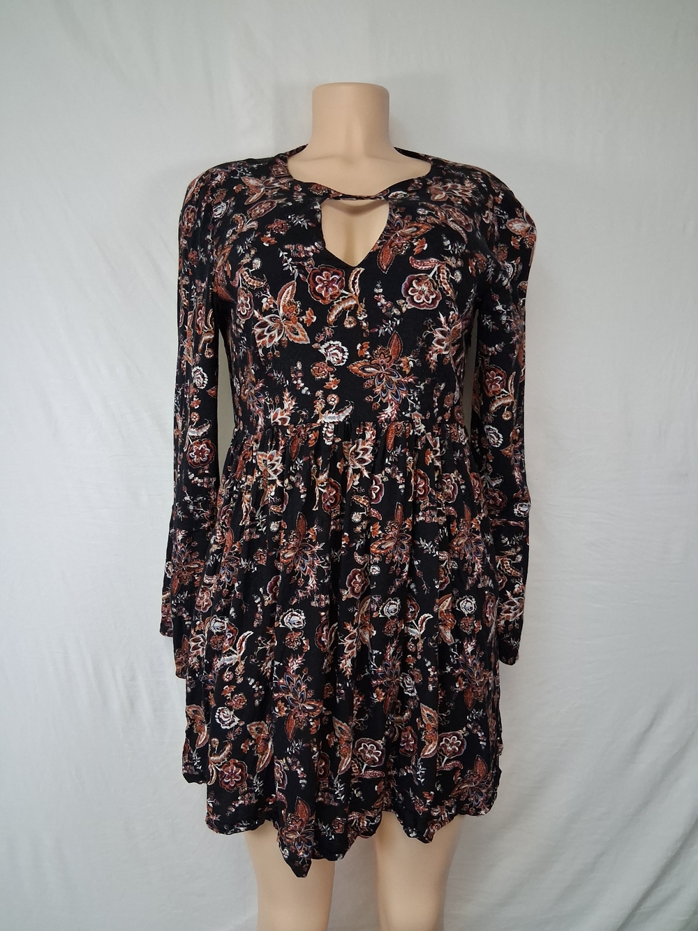 Hem & Thread Black Floral Keyhole Tiered Long-Sleeve Dress Mine Size L